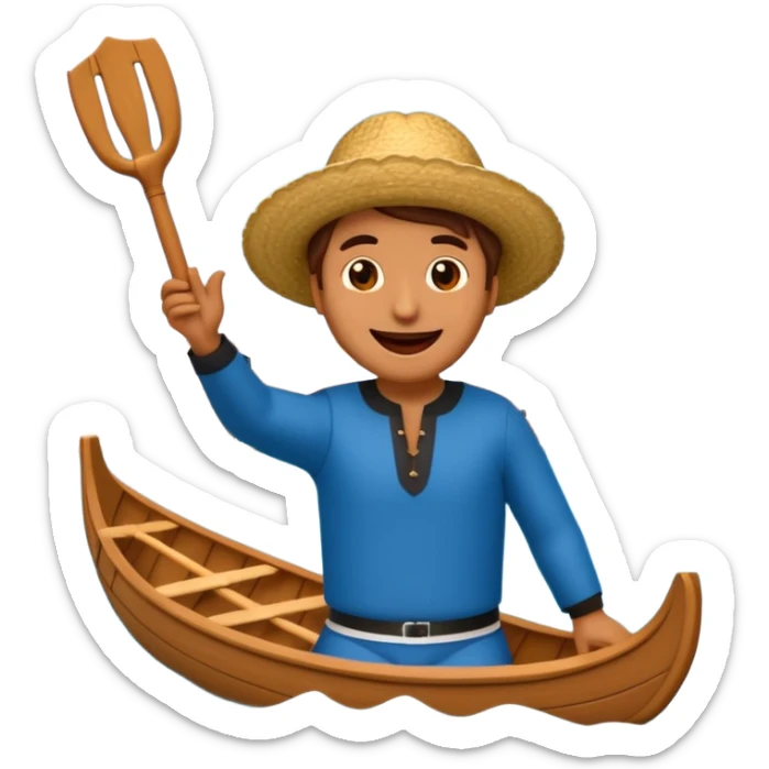 playful emoji of a gondolier in Venice, singing 'larili larila', waving an oar, with a big smile and musical notes, cartoon style sticker