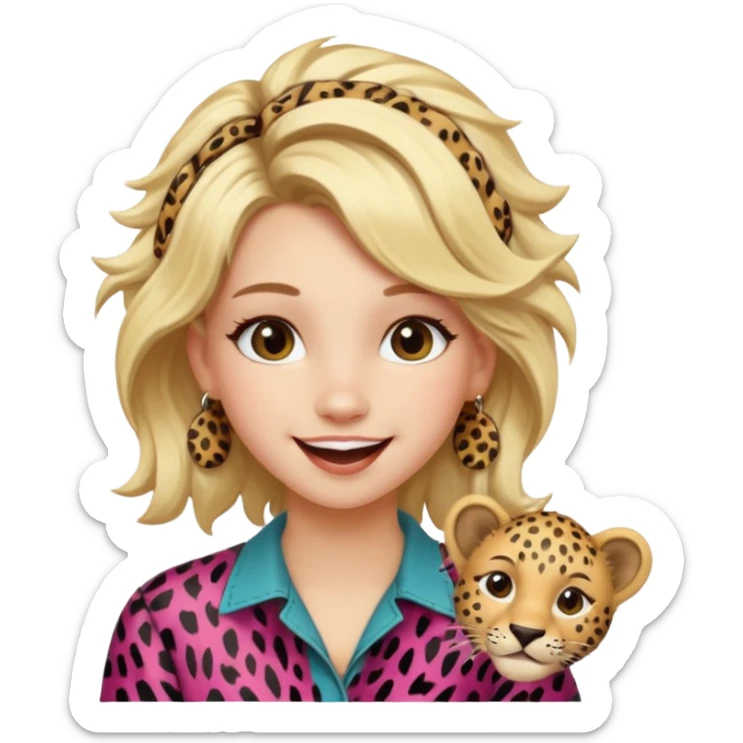 Une fille blonde et joyeuse. Elle porte une coiffure rock et originale avec des pinces pour cheveux  léopard et motif peau de vache. sticker