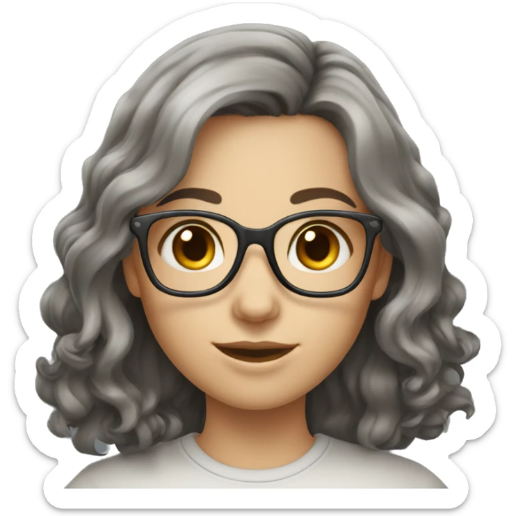 caucasian girl with dark wavy shoulder length hair, grey eyes glasses sticker