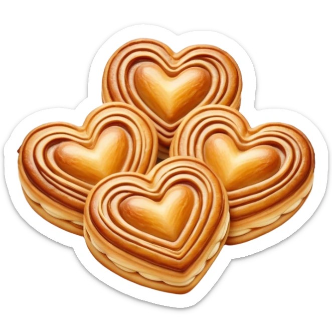 Cinematic crisp palmier, golden-brown heart-shaped pastries, perfectly caramelized layers, delicate and flaky, warm glowing background, inviting and delicious. sticker