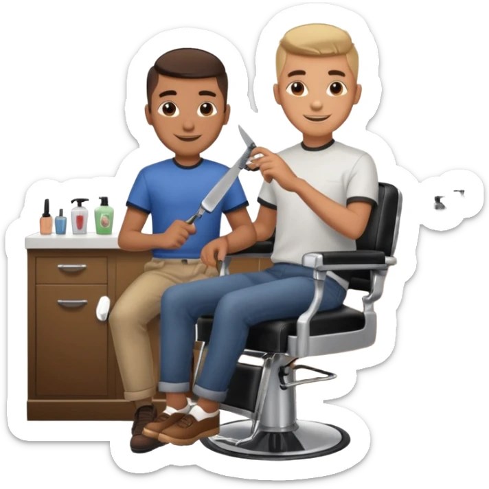 Barber cutting teenage boys hair. Show the boy sat in black barber chair and both having smiles on their faces sticker