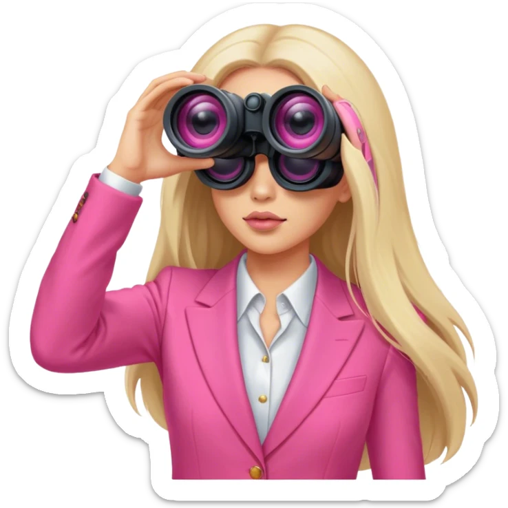 futuristic-looking woman with long hair in an intensive color pink suit looking through two-eyed binocular, viewed from an angled perspective sticker