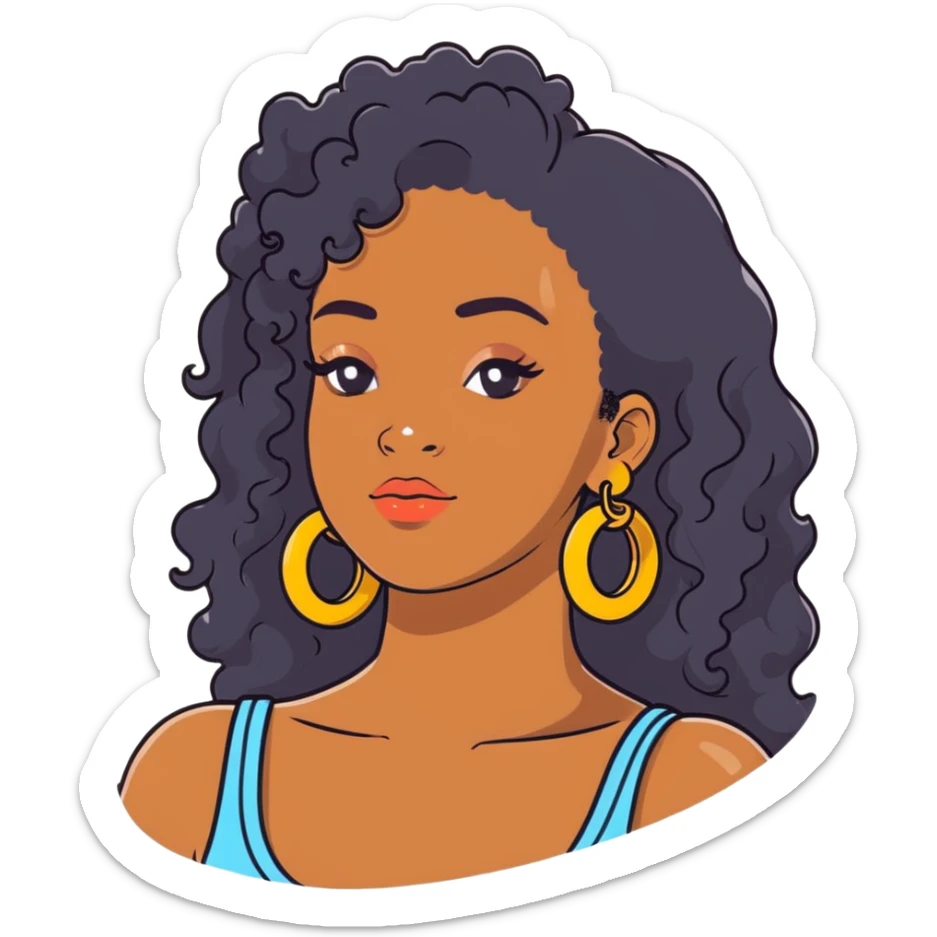pretty black girl with long curly hair wearing gold hoop earrings and accessories sticker