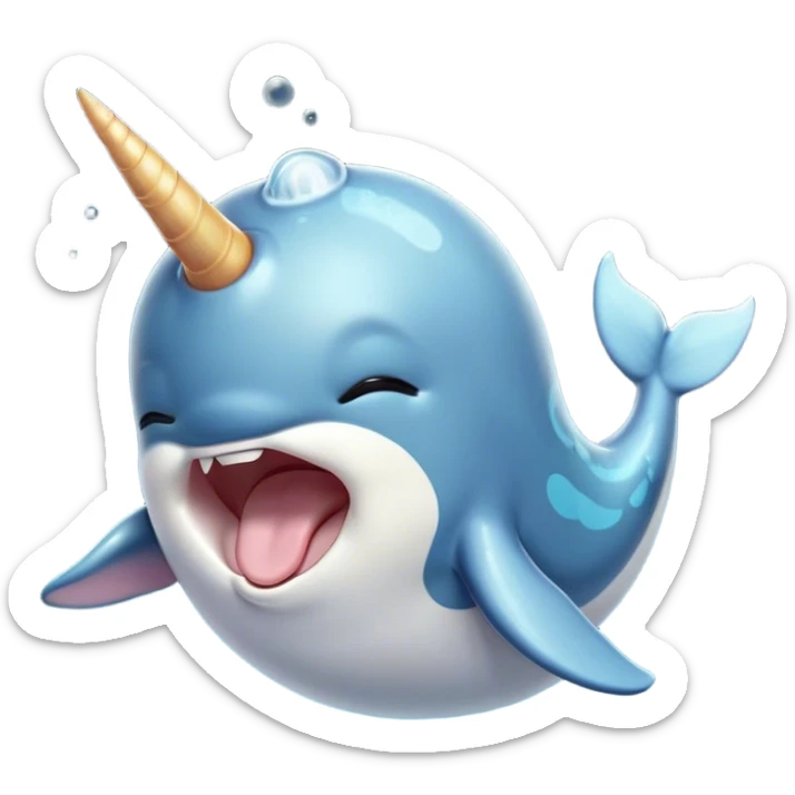 Cinematic Cute Yawning Cute Narwhal Portrait Emoji, Head tilted slightly with a dramatic, wide-open yawn, showcasing a streamlined, elegant body with a gracefully curling tusk and sleepy, half-closed eyes, Simplified yet irresistibly adorable features, highly detailed, glowing with a soft, cozy oceanic glow, high shine, relaxed yet expressive, stylized with a hint of whimsical marine ease, soft glowing outline, capturing the essence of a drowsy yet affectionate cute narwhal that appears ready to stretch and yawn its way out of the screen! sticker
