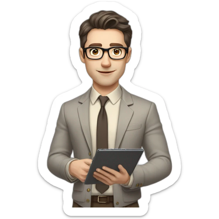 Pale skinned fit man with dark brown hair in gray jacket, beige office shirt, brown tie, brown pants and vintage glasses Writing on the tablet sticker