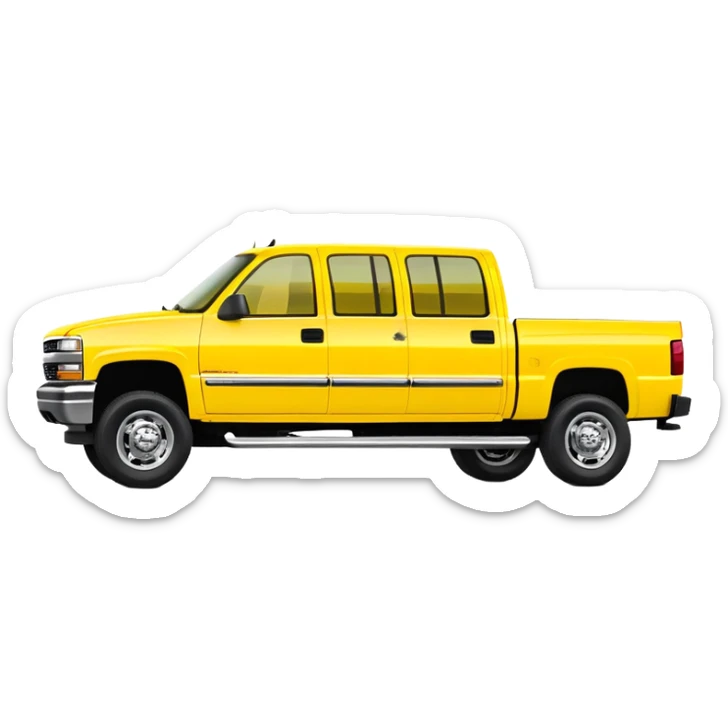 Bright yellow 1997 Chevrolet C-2500 Crew Cab Silverado pickup truck from Kill Bill movie, 30-degree angle view, iconic bright yellow color scheme, four-door crew cab, iOS emoji style sticker
