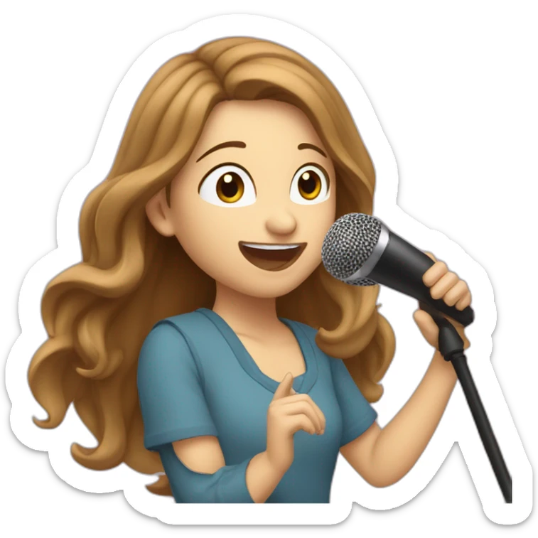 Caucasian girl with long Brown hair performing with a michophone singing sticker