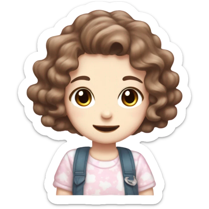 Pale girl, who has wavy brown hair and ocean eyes, and a cutecore clothes with sanrio characters on her shirt, with a cute little smile and baby face. sticker