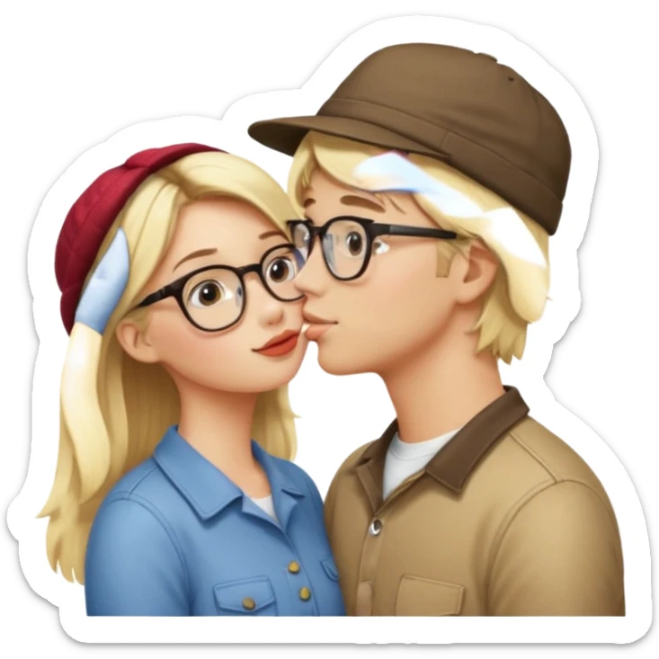 blonde girl with glasses kissing dude with blonde hair and a hat on backwards sticker