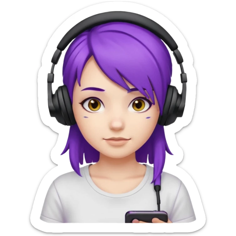 Gamer Girl with black Headset + Purple Hair, white T-shirt sticker