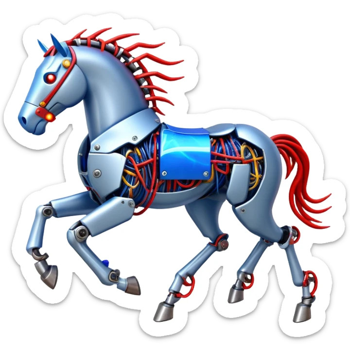 fast electric horse made of electricity, metal plates, bolts, visible blue and red wires, lightning coursing through its body, mechanical hooves sticker
