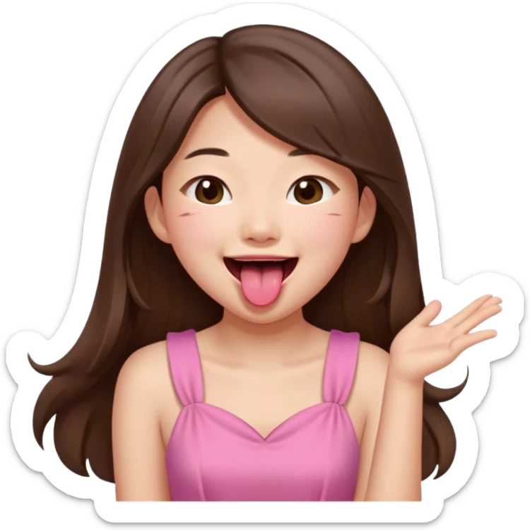 asian girl with long brown hair and fair skin wearing pink dress laughing while sticking tongue out sticker