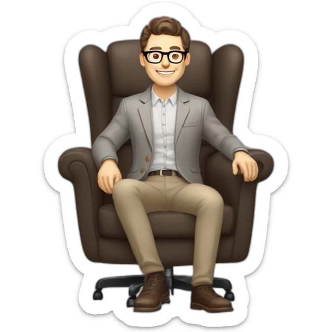 Joyful thrumb up Pale skinned Fit Man With dark brown hair in gray jacket, beige office shirt, Brown pants and vintage glasses sitting In a soft chair sticker