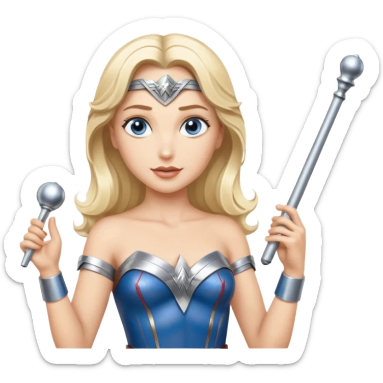 Blonde blue eyed Wonder Woman holding white orchestra conductor’s baton and bell sticker