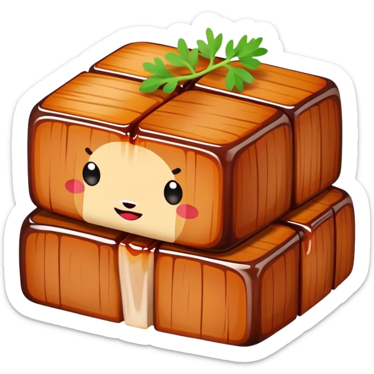 Hangzhou Dongpo Pork braised pork belly cubes, simplified emoji style with bold outlines and bright colors, cartoon style Chinese meat dish sticker