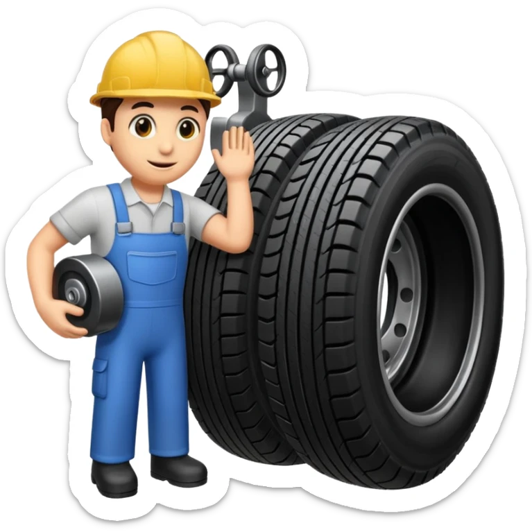 please draw me a emoji of tire - inside the manufacturing factory - getting inspected by machine not the human - the machins is checking uniformity - machine is complicated  sticker