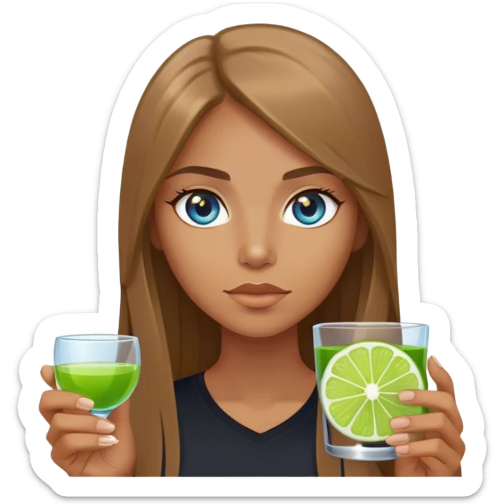 tan woman, black shirt, long light brown straight hair, grey blue eyes, holding a shot with lime sticker