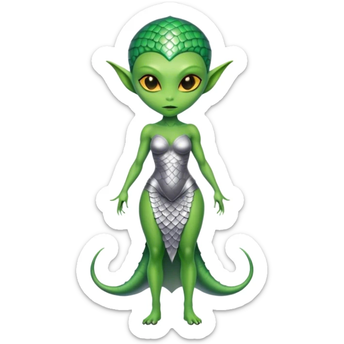 Green Alien woman with scales skin in silver dress, full figure, yellow eyes sticker