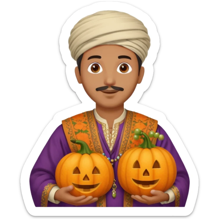 Tan Moroccan man sitting holding with pumpkin and grapes in countryside  sticker