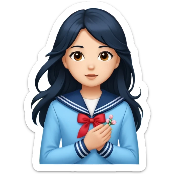  A white girl with a Black long hair, and a baby blue sailor suit, enjoying the spring breeze，Wearing cherry blossoms on your hair sticker