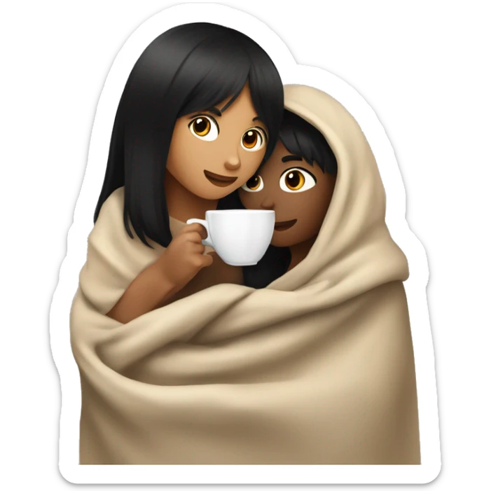 TAN SKIN GIRL with BLACK HAIR and BANGS AND BROWN SKIN BOY with BLACK SHORT HAIR inside a blanket sipping coffee sticker