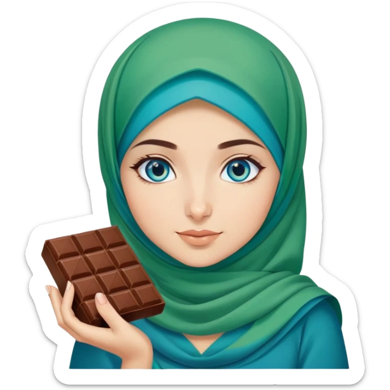 Turkish beautiful finish Konya girl blue eyes with green and blue hijab islamic dress and had on her hand Dubai chocolate  sticker