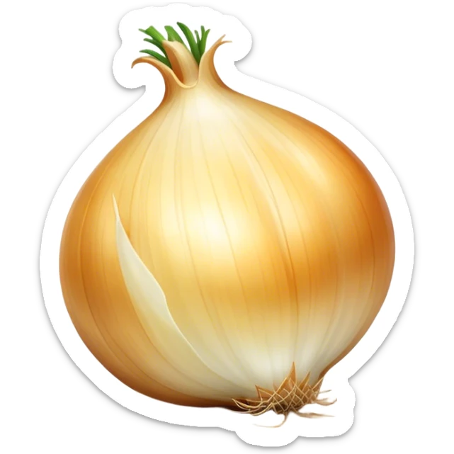 Cinematic crisp white onion, slightly peeled to reveal smooth layers, warm golden tones, rustic and fresh, soft glowing highlights. sticker