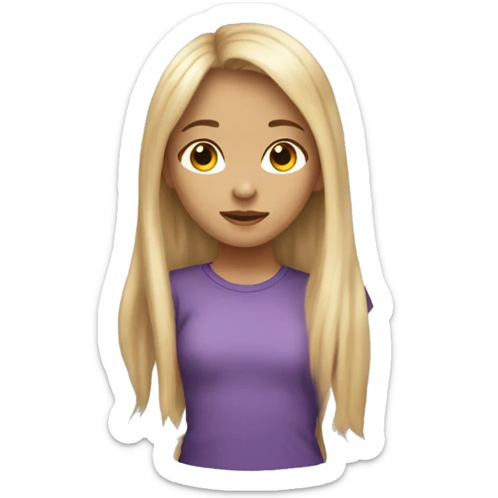 12 years old girl with blond hair and long hair with bang, with a purple shirt and a baggy jean and light skin sticker