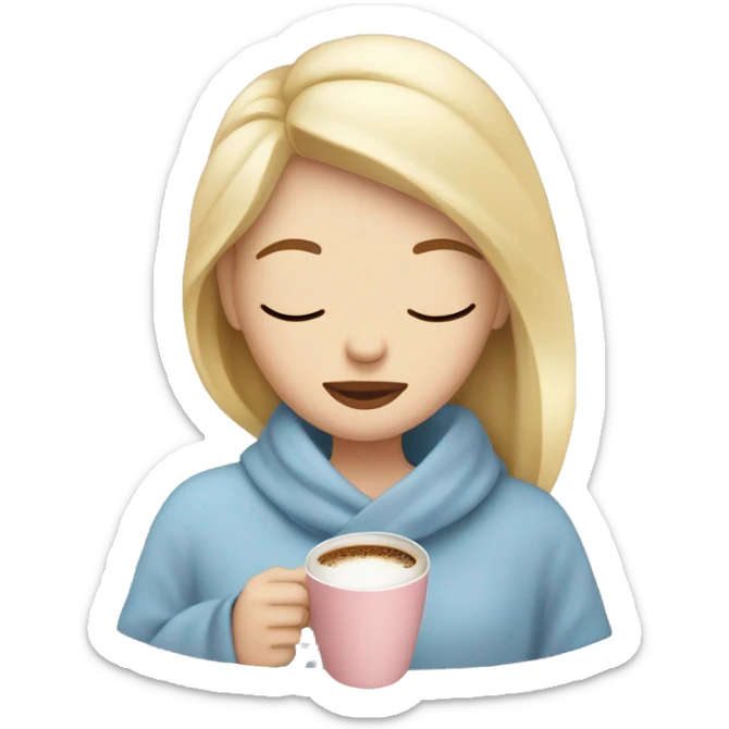 Blonde girl inside a light pink blancket sipping coffee eyes closed white skin blue eyes  sticker