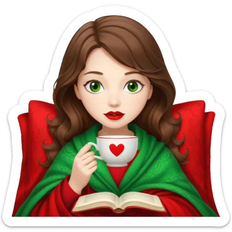 Long wavy brown haired, white skinned, green eyed girl with red lipstick wrapped in a blanket, sipping tea and reading a book sticker