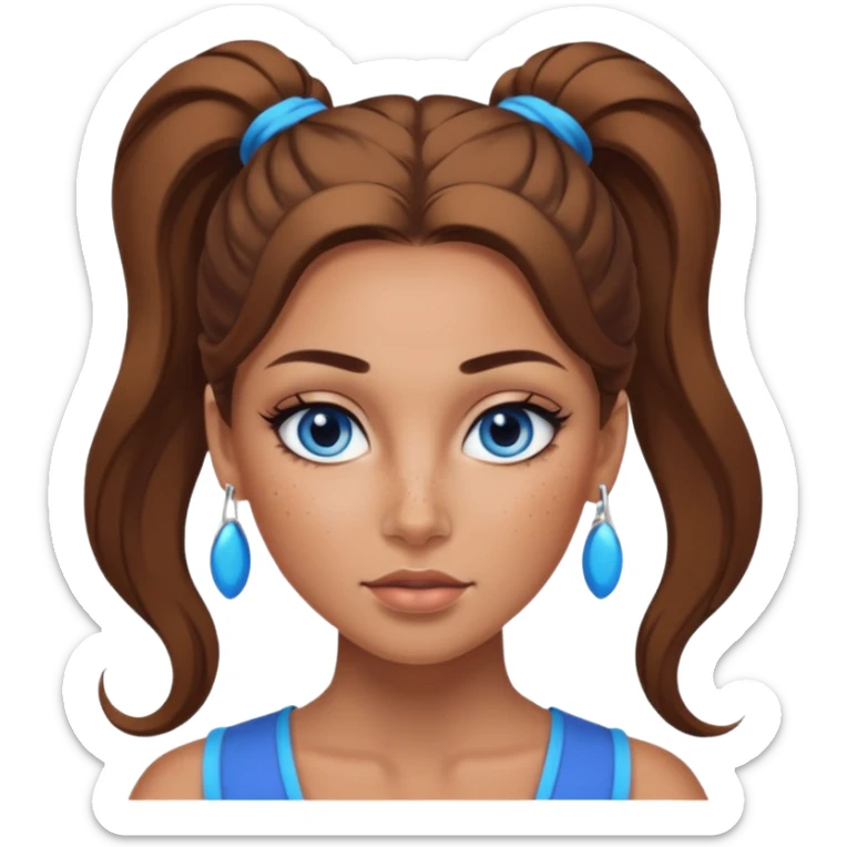 Attractive Woman with tan skin, baddie style, blue eyes, wide face, freckles, and a long voluminous ponytail and dark eye makeup sticker