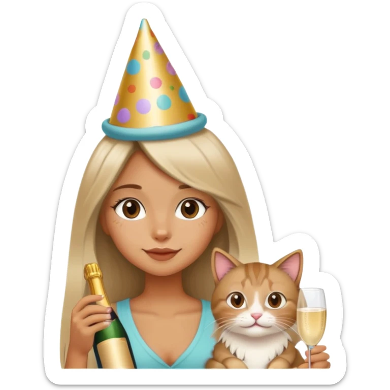 A long-haired girl wearing a birthday hat holding a cat and drinking champagne sticker