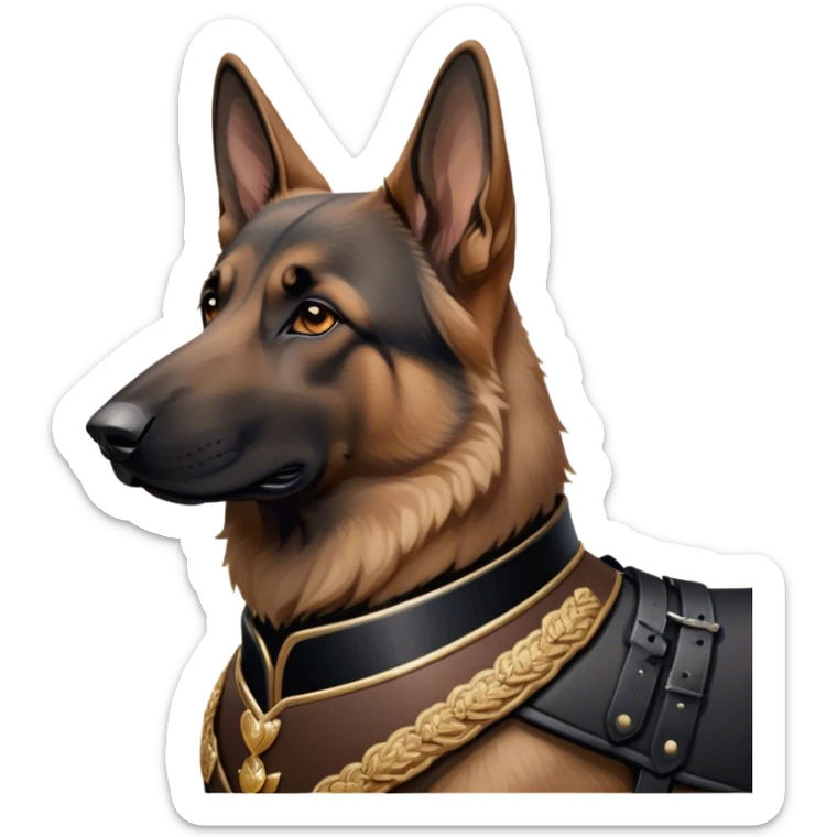 Cinematic Noble Tan/Black German Shepherd Portrait Emoji, Poised and regal, with a strong, athletic build and a dense, well-groomed coat in rich tan accented by a classic black saddle, deep-set soulful brown eyes, Simplified yet sharp and sophisticated features, highly detailed, glowing with a soft, dignified glow, high shine, intelligent and loyal, stylized with an air of authority, focused and attentive, soft glowing outline, capturing the essence of a watchful and commanding guardian, so majestic it feels as though it could stride out of the screen with effortless authority! sticker
