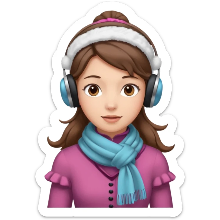 Victorian ice skater in a long dress. She is wearimg a scarf and earmuffs. She has boriwn hair. sticker