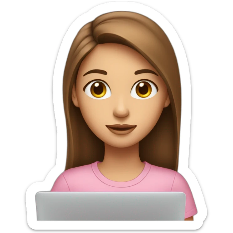 Girl with long brown hair brown eyes white skin pink shirt sitting and looking eye up in front of Apple laptop sticker