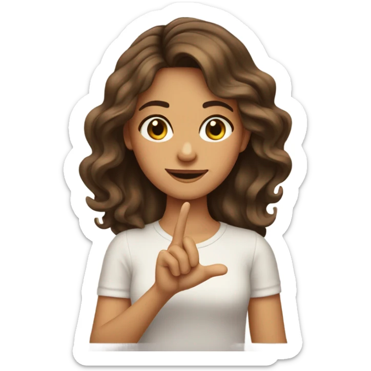 pretty tan brunette wavy hair girl holding her fingers in shape of an L in front of forehead sticker