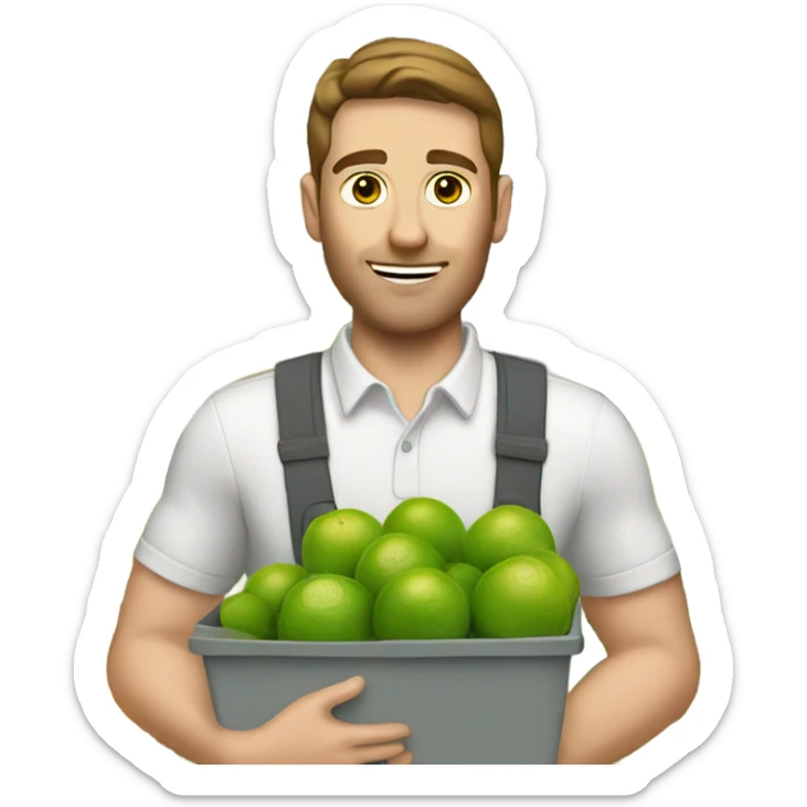 A white man with brown hair and tall carrying many limes in his hands in a supermarket sticker
