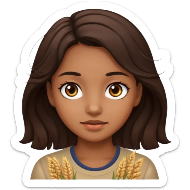 A girl with dark brown eyes and slightly wavy tips with dark brown hair flesh-colored wheat face sticker