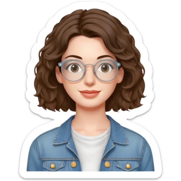 Anne Hathaway with wire-rimmed thin circle glasses and slightly curly hair, wearing a scoop neck white dress and a denim jacket  sticker