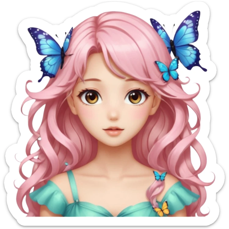 gorgeous shiny blushing anime lady with butterflies and beautiful hair fairycore high quality detailed vogue trending aesthetic sticker