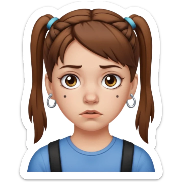 a white girl with brown hair in short pigtails with piercings frowning sticker
