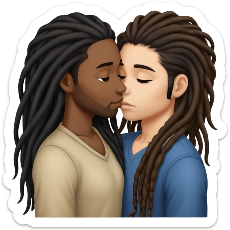 Latina Woman with long hair kissing a young black guy with dreads no beard sticker