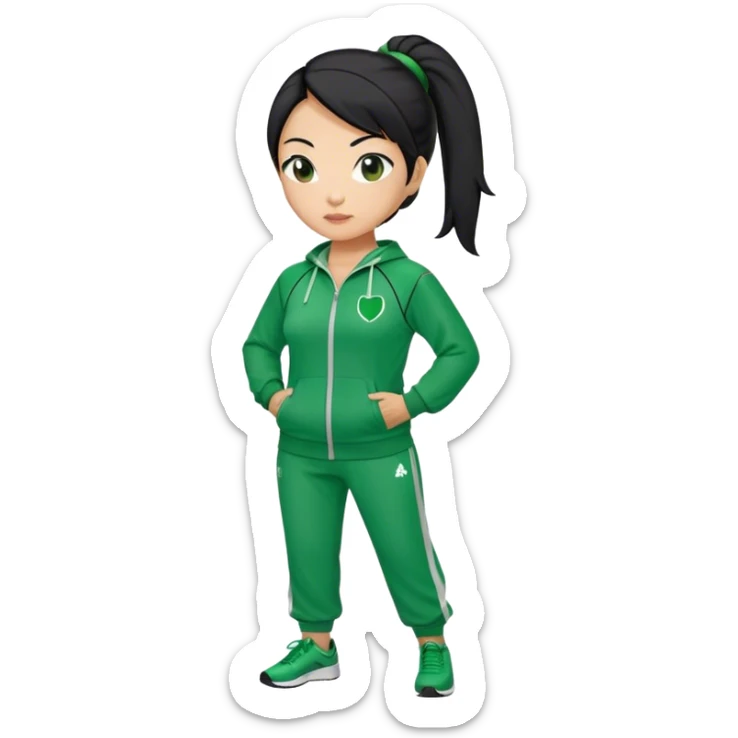 Cha: Age 45, a Asian old woman with black hair tie, Green player tracksuit sticker