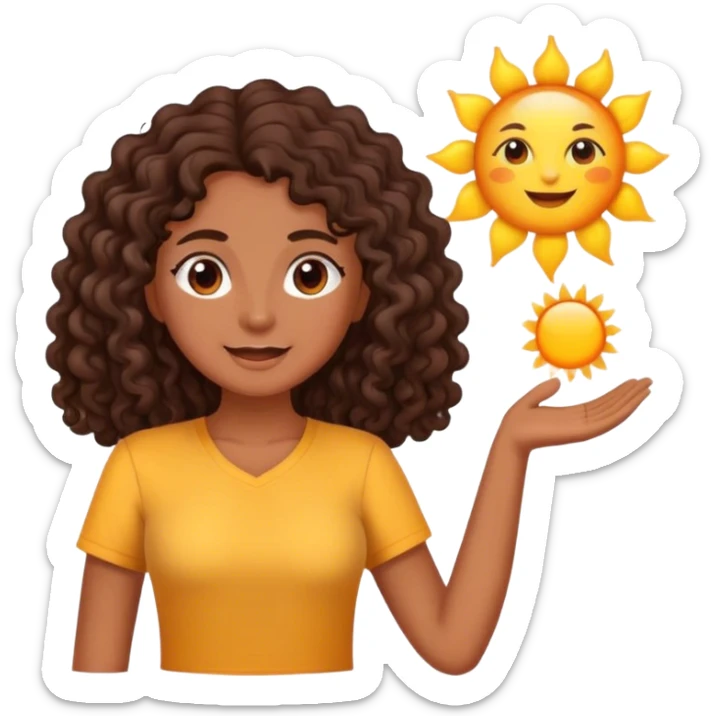 Brown woman with dark brown long curly hair saying good morning with the sun and yellow shirt  sticker