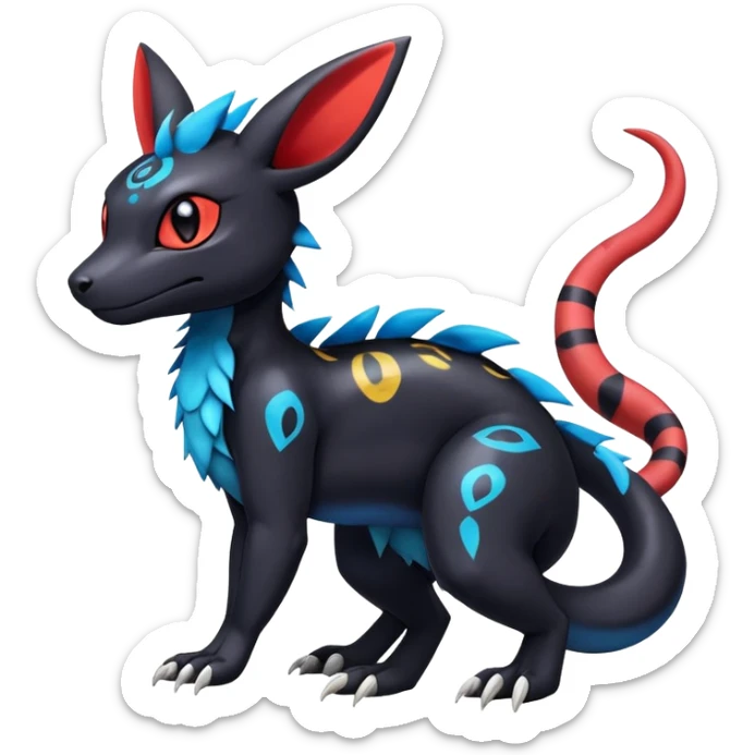 Cute Exotic Colorful Guilmon-Salandit-Umbreon-Fakémon-hybrid-creature (full body)  sticker