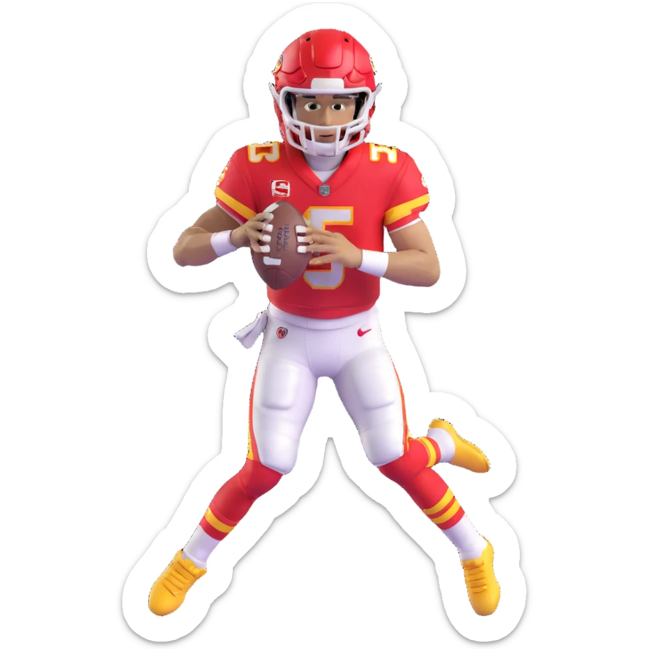 Patrick Mahomes, Kansas City Chiefs quarterback with curly hair, football uniform sticker