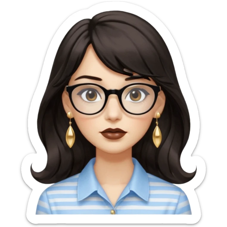 An emoji featuring a woman with long wavy dark brown hair and a whispy bang, wearing thick black square glasses, gold drop earrings. She has long lashes and a nude browny glossy lipstick. She's wearing an oversize light blue shirt with white vertical strips. sticker
