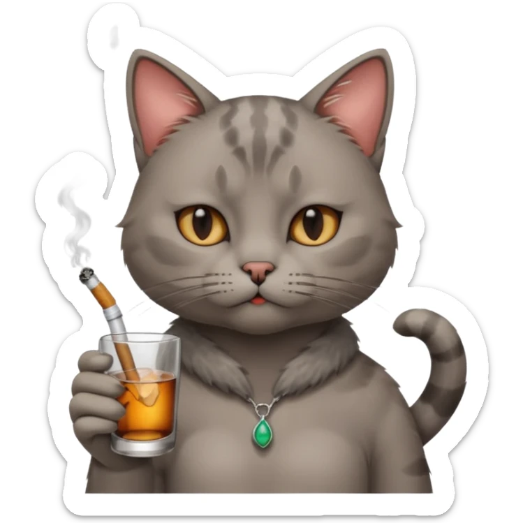 hazme a un gato fumando cigarro mientras toma alcohol y está depre sticker