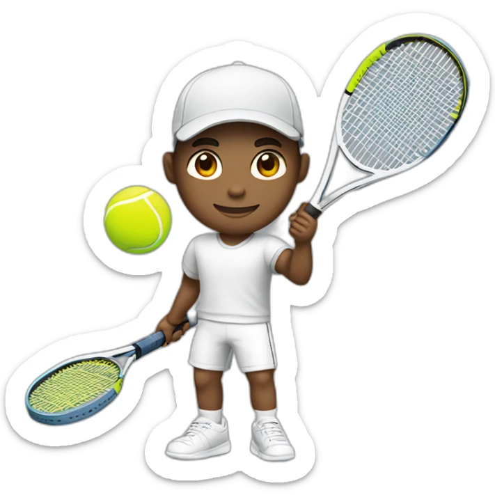 Tennisplayer male, gray hear, white cap with tennis raquet and tennis ball sticker