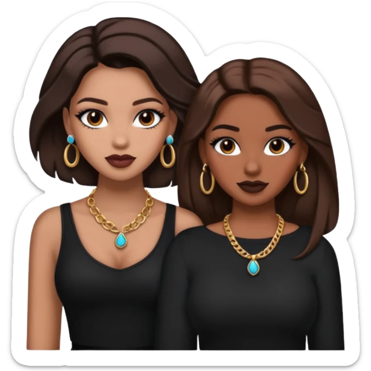 Boujy baddie best friends, trendy heavy makeup both dark hair one light skinned and one mocha brown pretty hair style both wearing black and earrings and necklace one mocha brown skin sticker